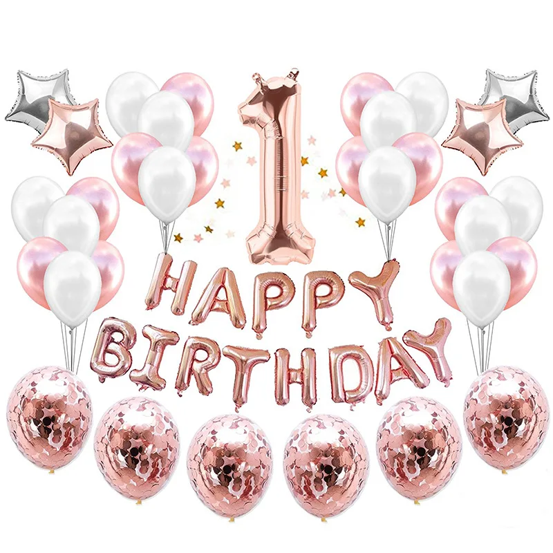 

Rose Gold 1-year-old Digital Balloon Birthday Banner Paper Scrap Transparent Balloon Rose Gold Theme Party Decoration Kids