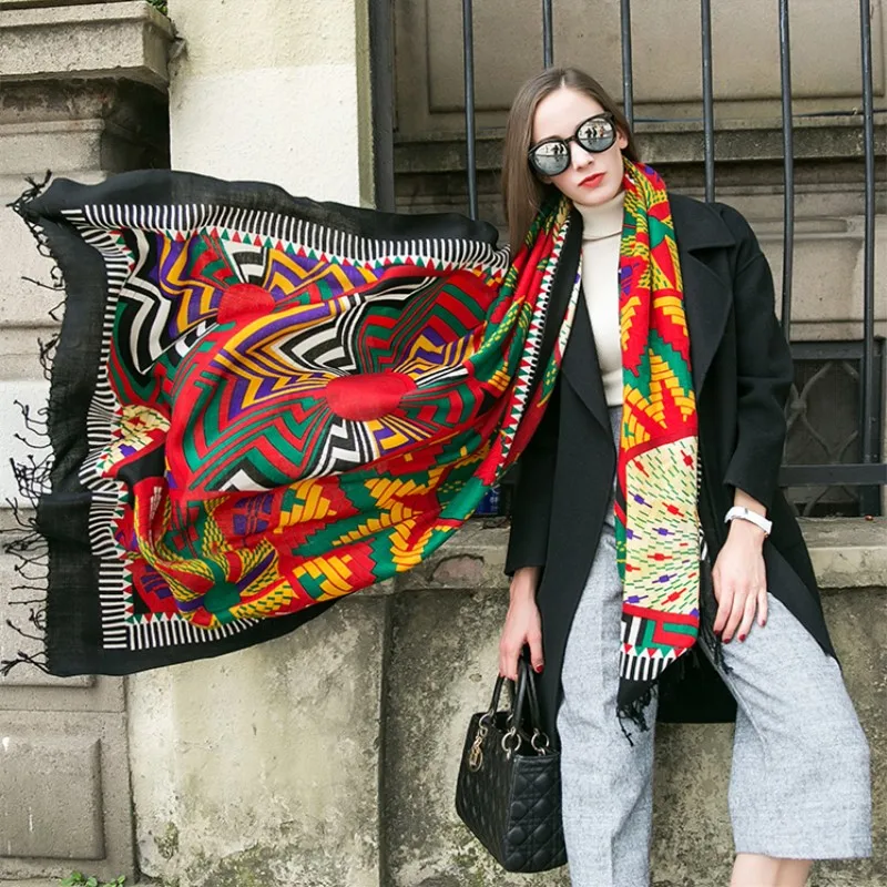 

Autumn Winter Lady Oversize Brand Wool Scarf Ethnic Style Geometric Long Multi-functional Cape Tourism Scarf