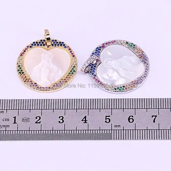 

5Pcs Gold Silver Color Round Micro Pave CZ Heart Shaped Mother of Pearl Shell Mary Pendants
