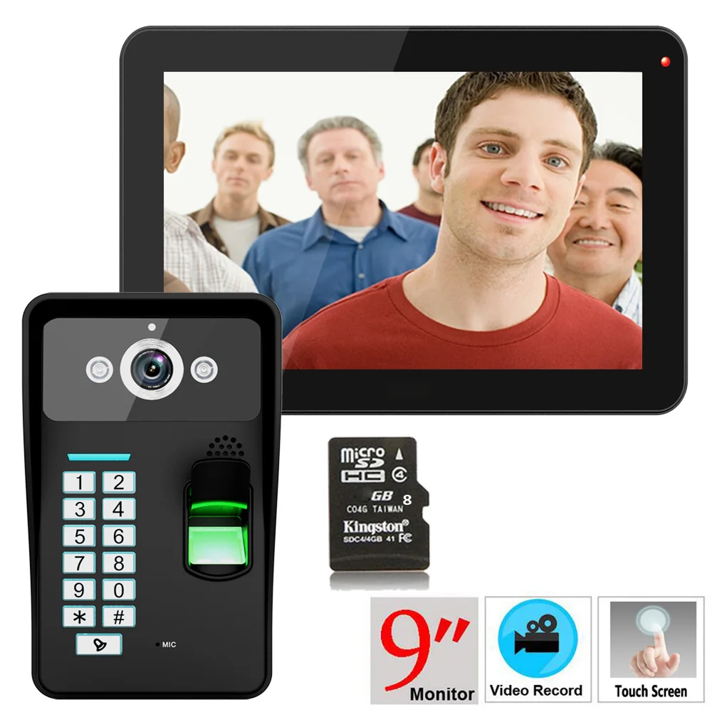 9 дюймов запись RFID пароль Распознавание отпечатков пальцев 900TVL цветной видео домофон непромокаемый ночное видение 8G TF карта