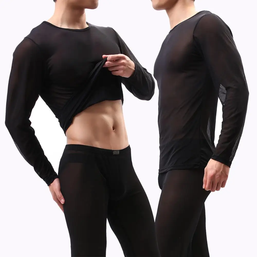 

Free Shippin transparent sexy long sleeve t shirt men's see-through mesh underwear men's air conditioning room wear t shirt E668