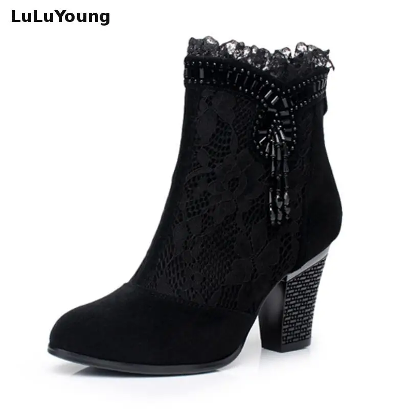 Spring And Autumn Women Lace Mesh Ankle Boots Suede High heeled Beaded ...