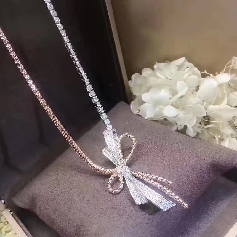 

Hot Brand Pure 925 Sterling Silver Jewelry For Women Bowknot Neckalce 2 Color Pendant Big Bowknot Fashion Beach Party Necklace