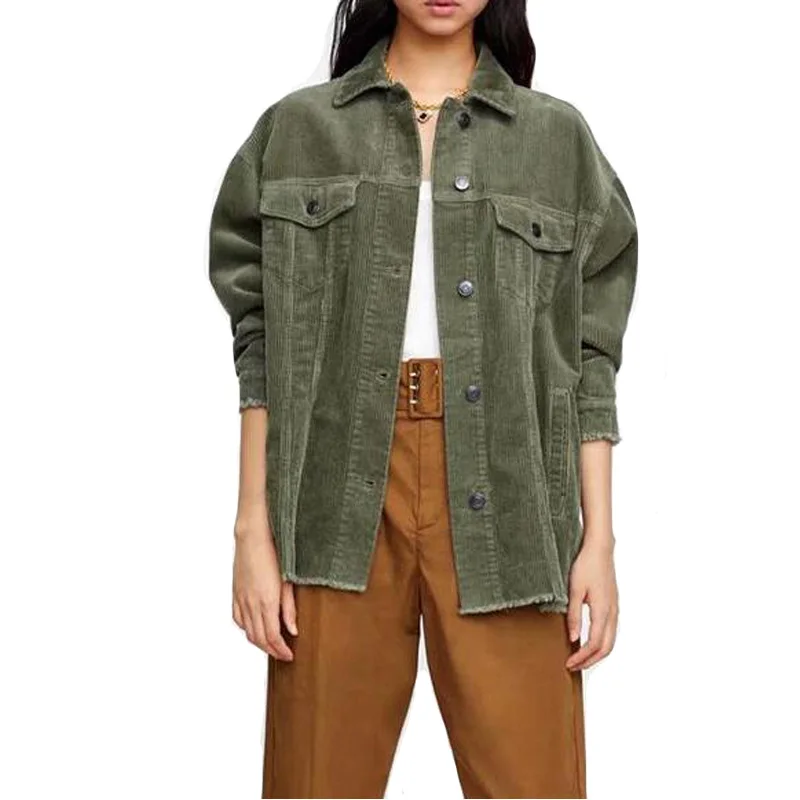 2018 Autumn Winter Green Corduroy Jacket Coat Single Breasted Coats