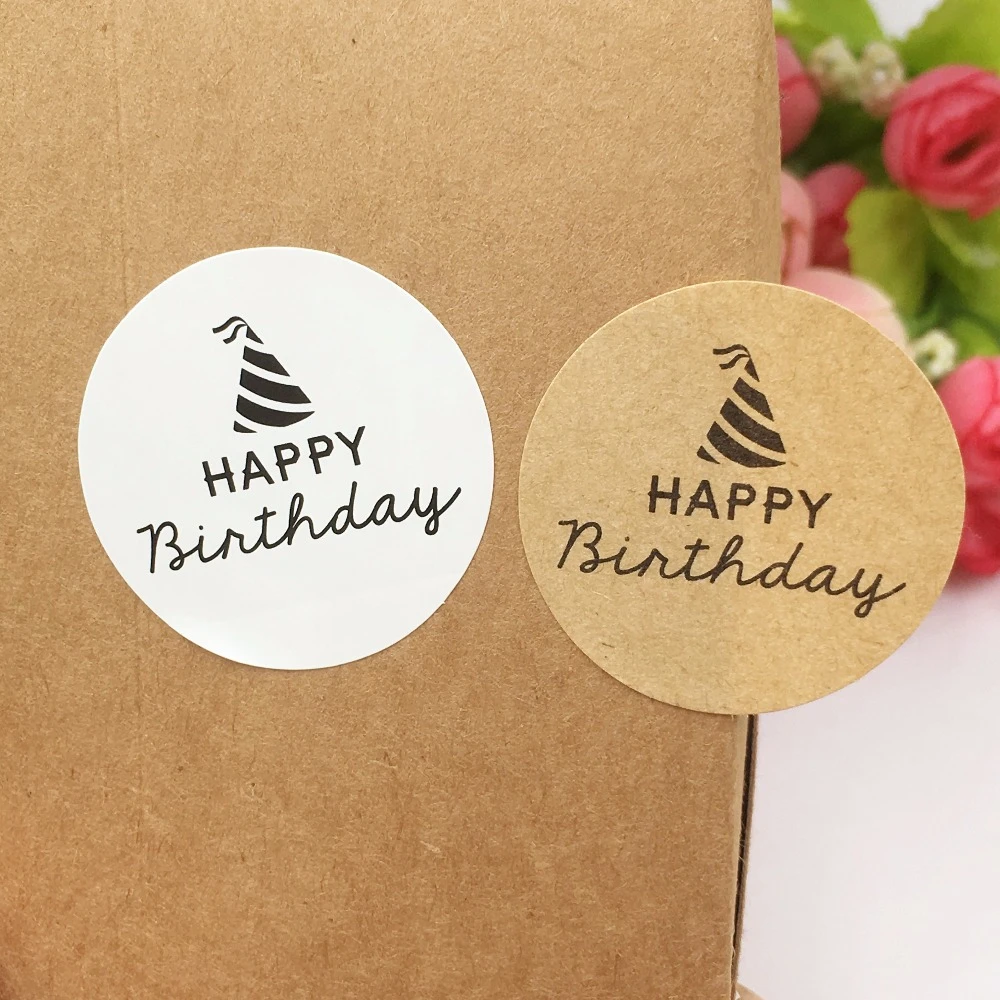 Kraft Paper Sticker Labels 3.5cm Round Happy birthday Gift Packaging Labels stickers self-adhesive Sealing boxes labels