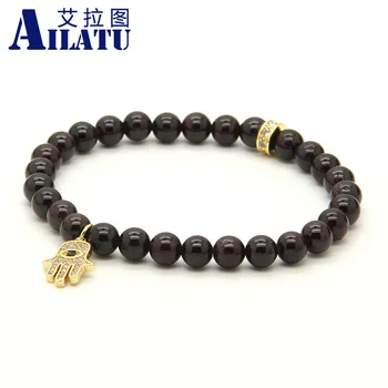 

Ailatu 10pcs/lot 6mm Natural Onyx Stone Beads with Micro Inlay Zircons Fatima Hand Hamsa Pendant Bracelets Womens Jewelry
