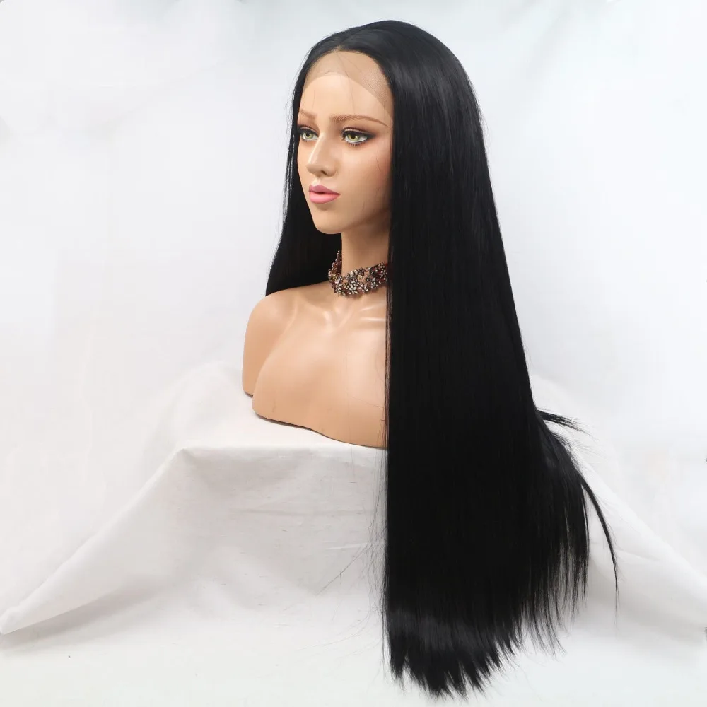 Marquesha реалистичный вид черного синтетического кружева передние парики длинные прямые Термостойкие Волокна Кружева передние парики для женщин