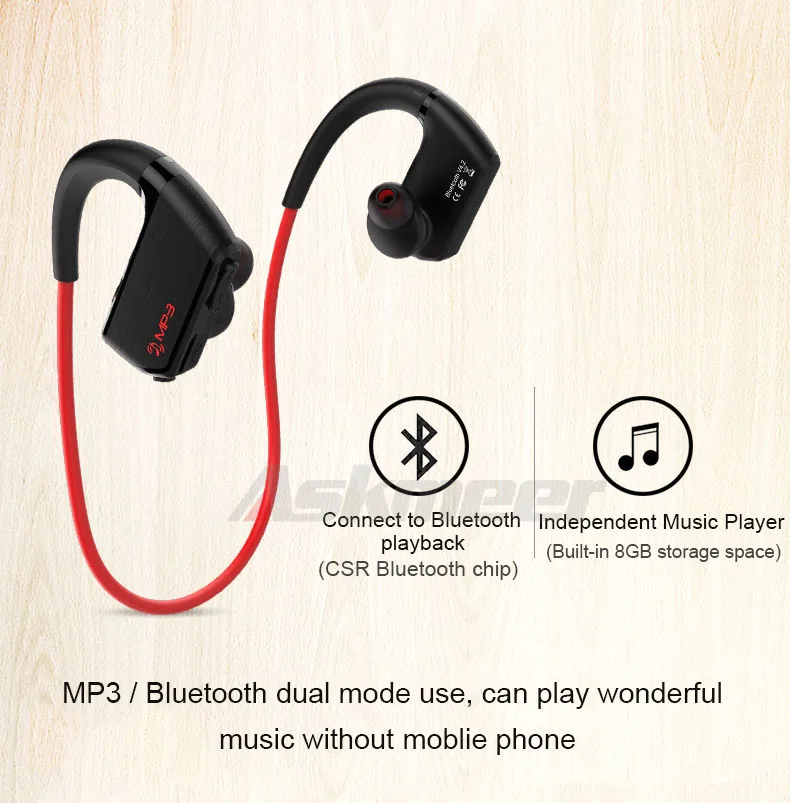 Askmeer J2 Wireless Bluetooth Earphone Sport Stereo Earbuds Headset In Ear Earpiece with Microphone+8GB Mp3 Player Two Play Mode (4)