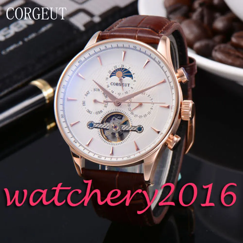 

Casual Corgeut 44mm Moon Phase Gold Case White dial Date Day Automatic movement Men's Watch