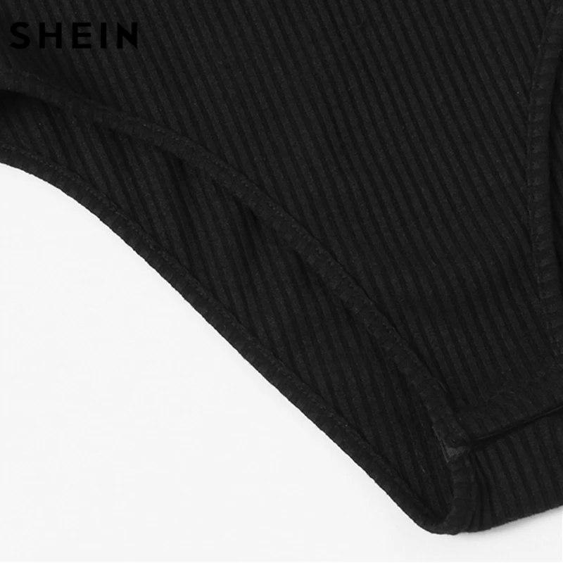 SHEIN O-Ring Zipper Front Ribbed Cami Bodysuit Summer Casual Black Scoop Neck Sleeveless Sexy Bodysuits for Women
