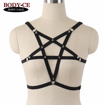 

BODY CAGE Pentagram Harness Spike Cage Bra Black Elastic Adjust Bondage Lingerie Strappy Tops Pastel Goth harajuku Garter belt