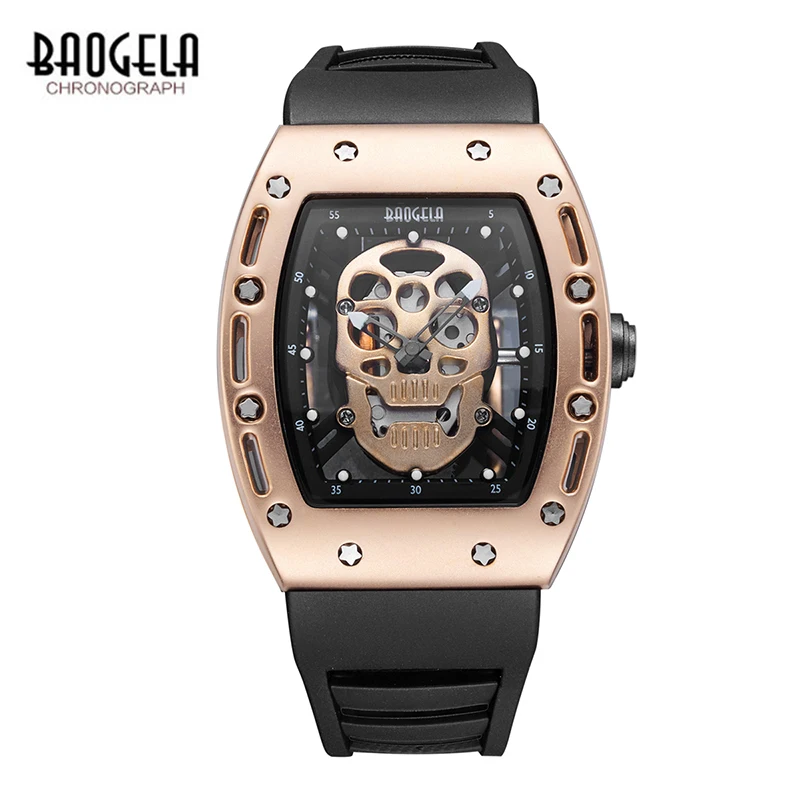 Acheter BAOGELA Nouveau Crâne Hommes Montres Silicone Militaire Marque Pirate Creux Montre Hommes Lumineux Sport Montre Bracelet Relogio Masculino
