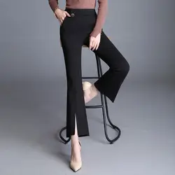 Осень Штаны с высокой посадкой черные брюки Для женщин Открытые сбоку Разделение штаны с эластичной резинкой на талии Для женщин Офисные
