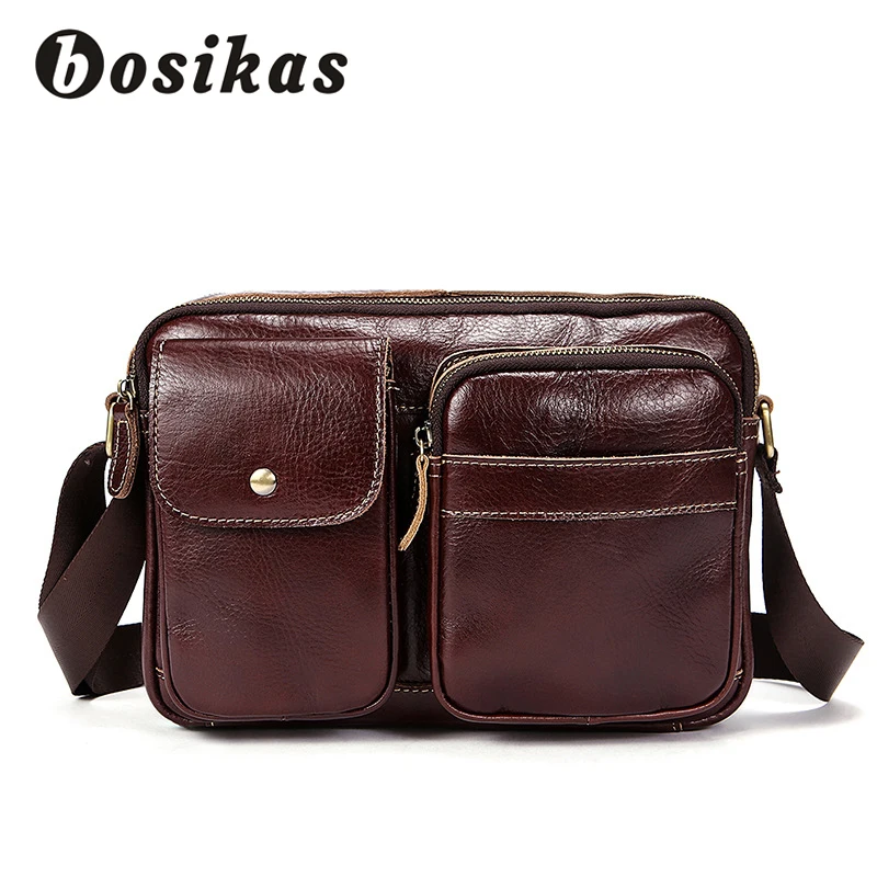 

BORINKAS Men's Casual Shoulder Bag Genuine Leather Messenger Bags Zipper Hasp Crossbody Bag Solid Phone Bag Money pack for Male