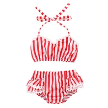 Комплект из 2 предметов, пуховая трубка для маленьких девочек, топ+ короткие плавки, бикини, купальный костюм, полосатый купальник