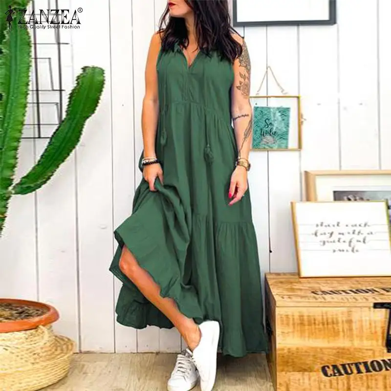 

Bohemian Ruffle Dress Women's Summer Sundress ZANZEA 2019 Fashion V Neck Tunic Vestidos Female Solid Casual Beach Robe Femme 5XL