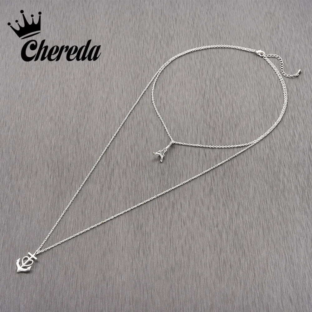 

Chereda New Arrival Silver Color Layered Necklace For Women Classic Choker Tower Shape Pendant Chain Lady Jewelry Wedding Party