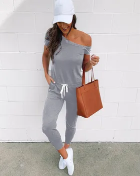 

2019 Sexy Women Jumpsuits Summer Off Shoulder Playsuit Lace Up Solid Color Short Sleeve Romper Casual Daily Loose Long Trousers