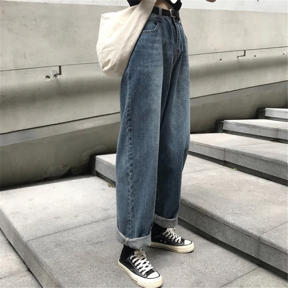 Женские демисезонный Высокая талия промывают широкие джинсы Harajuku стиль Ретро свободные уличный тренд хип хоп джинсовые мотобрюки