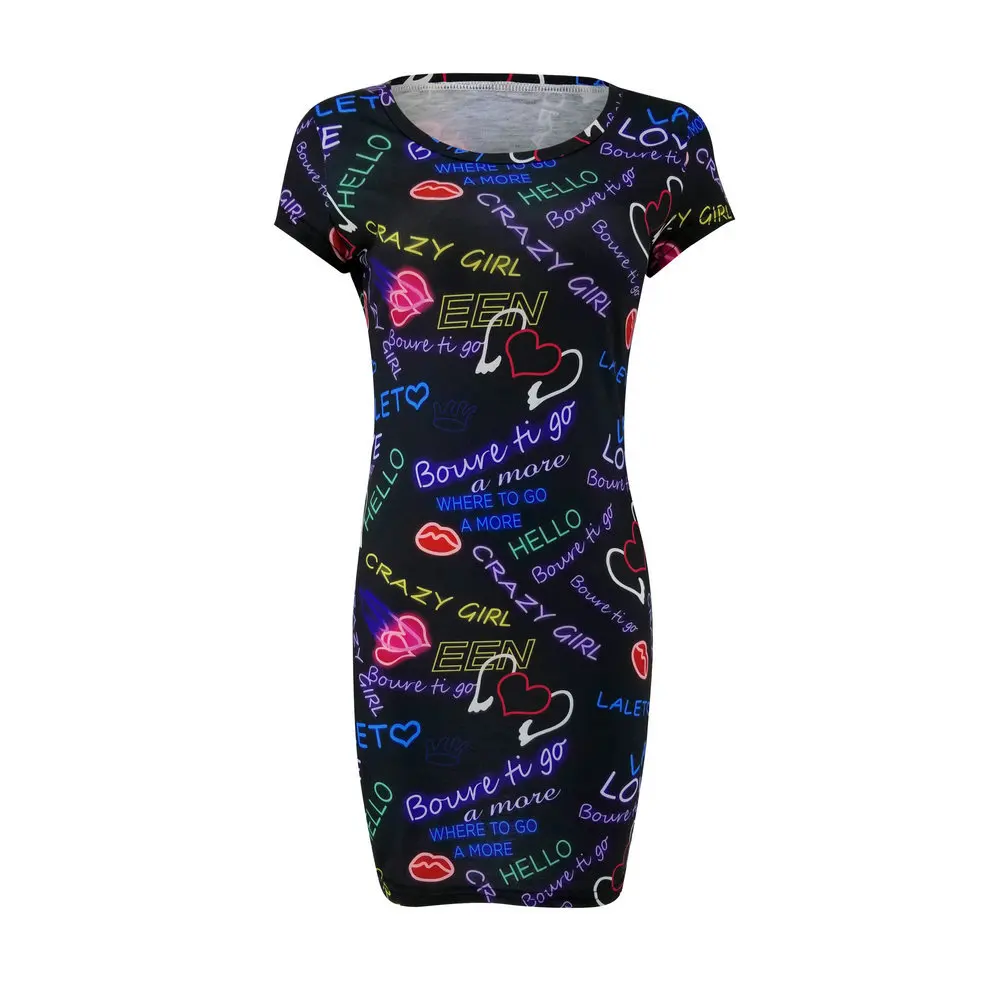 New Arrival 2019 Summer Dresses Sexy Slim Bodycon Pencil Mini Party Dresses Women Short Sleeve Letter Butterfly 3D Printed Dress