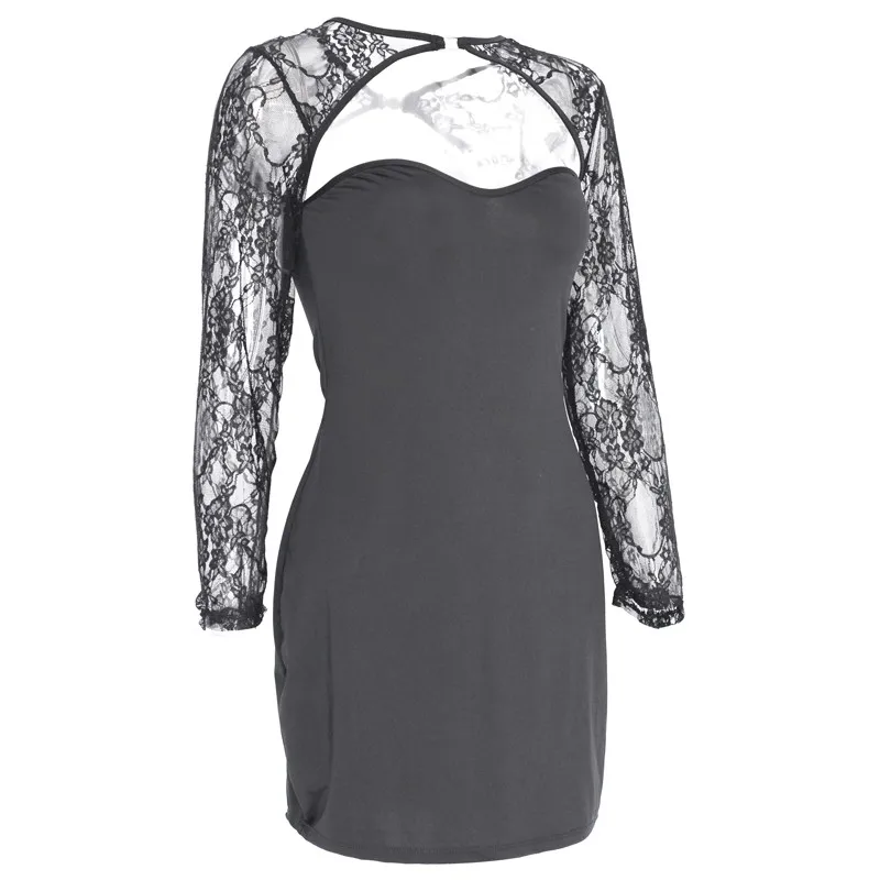 2016 High Quality Black Sequin Mini Dress With Lace Shrug Women Club Wear Sexy Long Sleeve Hollow Out Front Bodycon Dresses M-XL W850570 (5)