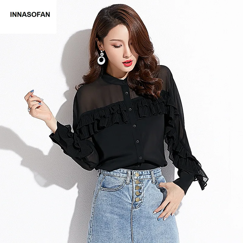 INNASOFAN OL Women's shirt Spring-summer chiffon blouse Euro-American fashionable chic long-sleeved shirt and shuttlecocks