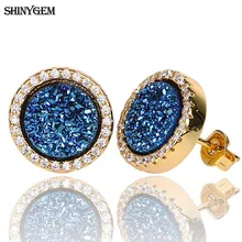 ShinyGem 10 мм, круглые Druzy серьги с кристаллами, роскошные женские серьги, ювелирное изделие, позолота, натуральный камень, серьги-гвоздики для женщин