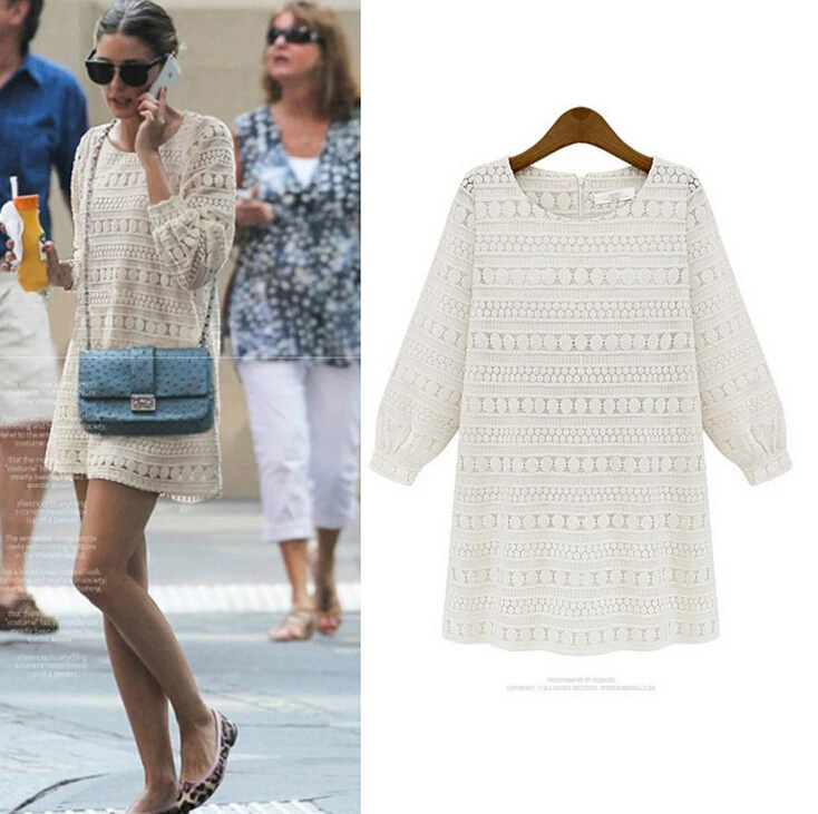 

Spring fall large size women's Crew neck dress Casual Loose Openwork lace dress Beige Black Plus Size L XL XXL 3XL 4XL 5XL 70-8F