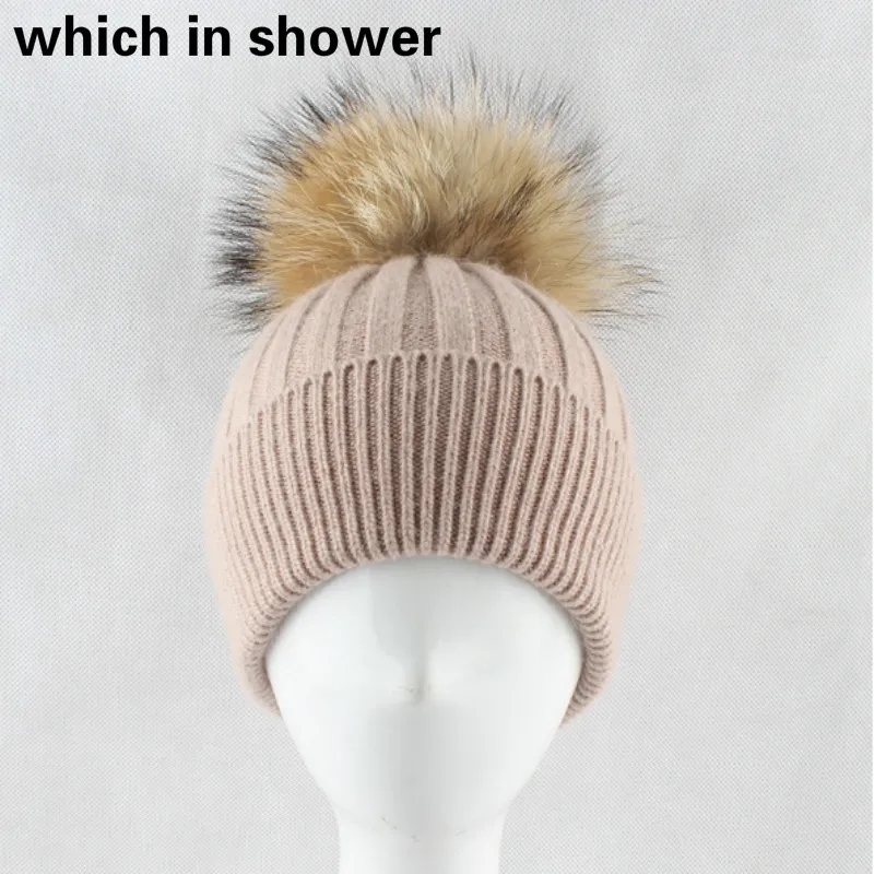 Женская Толстая теплая меховая шапка Skullies с помпоном из натурального меха енота
