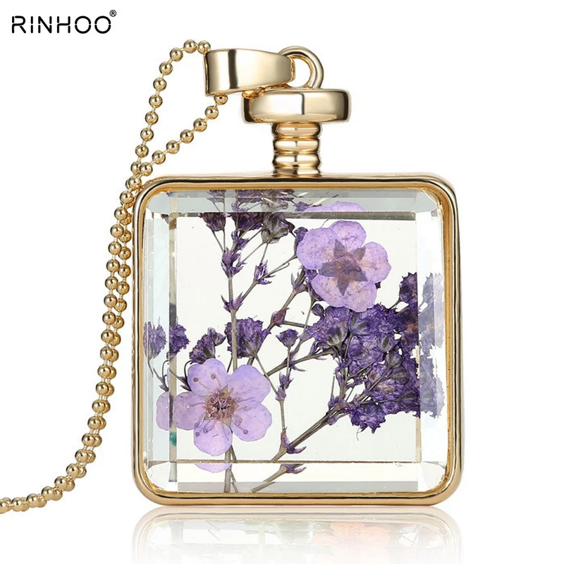 

2018 Free Shipping Glass Locket New Necklace Women Alloy Real Dried Purple Flower Locket Pendant Necklaces(free Chains )