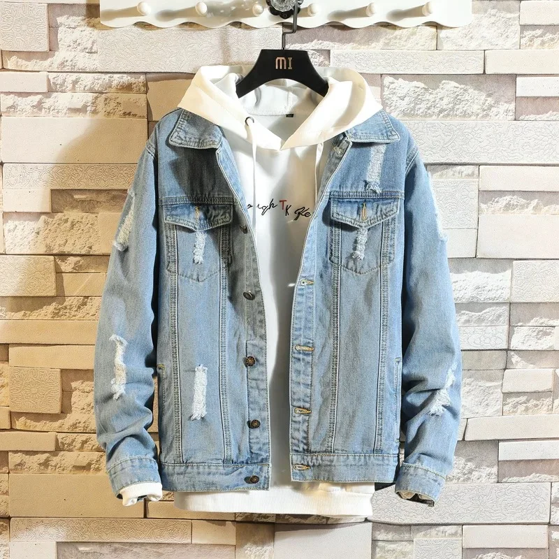 

Spring hole men's handsome denim jacket wild clothes spring and autumn winter trend new 2019 men's personality jacket