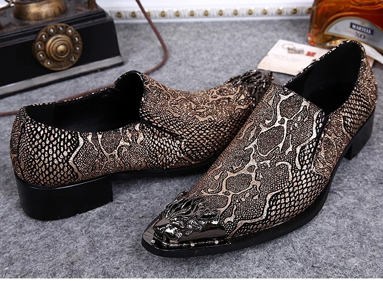 Плюс Размеры роскошные мужские из натуральной кожи Лоферы острый носок без шнуровки питона рисунком обувь металлическим наконечником Для мужчин; повседневная обувь SL302