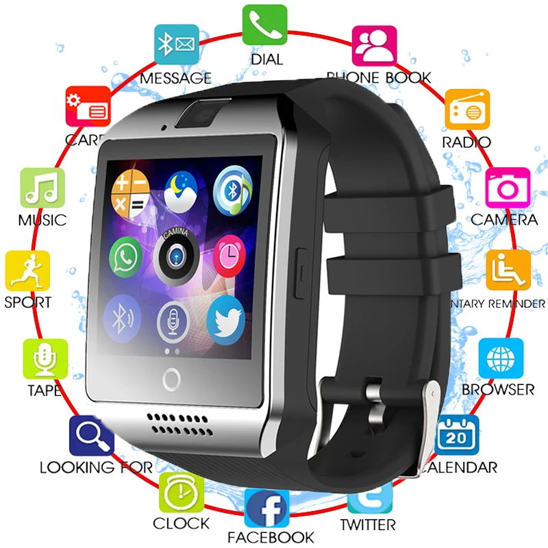 

2019 Bluetooth Smart Watch Men with Camera Facebook Whatsapp Twitter Sync SMS SmartwatchQ18 Support SIM TF Card for IOS Android
