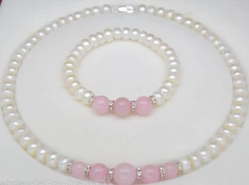 

free shipping $wholesale_jewelry_wig$ 8-9MM White Akoya Cultured Pearl Pink Beads Necklace 18" + Bracelet Set
