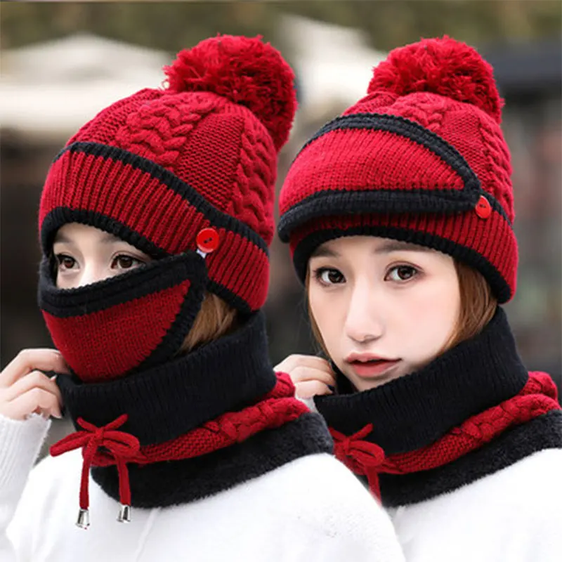                         beanie women winter hats for women skullies beanies for ladies winter beanie hat solid pink black hat scarf set hat neck warmer mask (12)