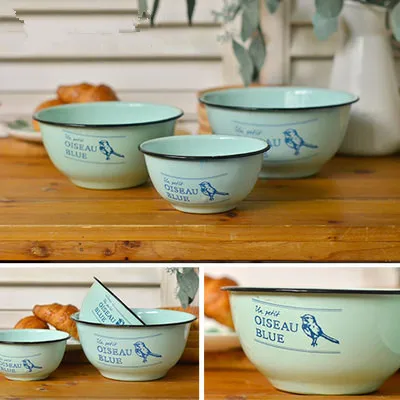 

(3 pices/set)Bird Pattern Enamel Thickening Bowls Salad Bowl Fruit Bowl Soup Bowl