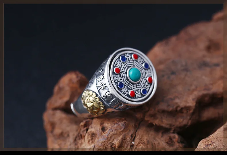 

New Punk Hiphop Rock S925 Sterling Thai Silver Eight-Diagram Turquoise Rings for Men Male Fine Jewelry US Size Adjustable 9-11