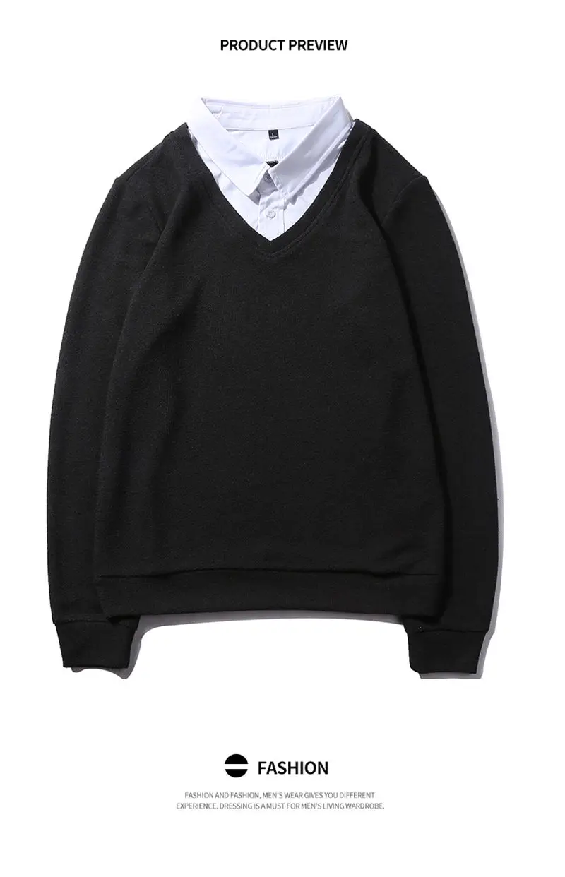 2019 New Fashion Simulation 2 Sweatshirts Male Solid Hoody False 2PCS Hoodies Men Shirt Collar Autumn Spring Winter Streetwear 05