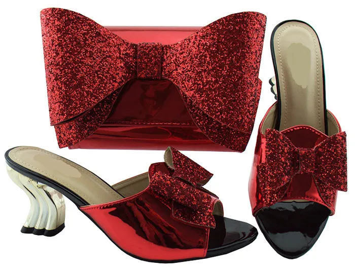 Gorgeous red kitten heel 7CM lady shoes with bowtie african shoes and
