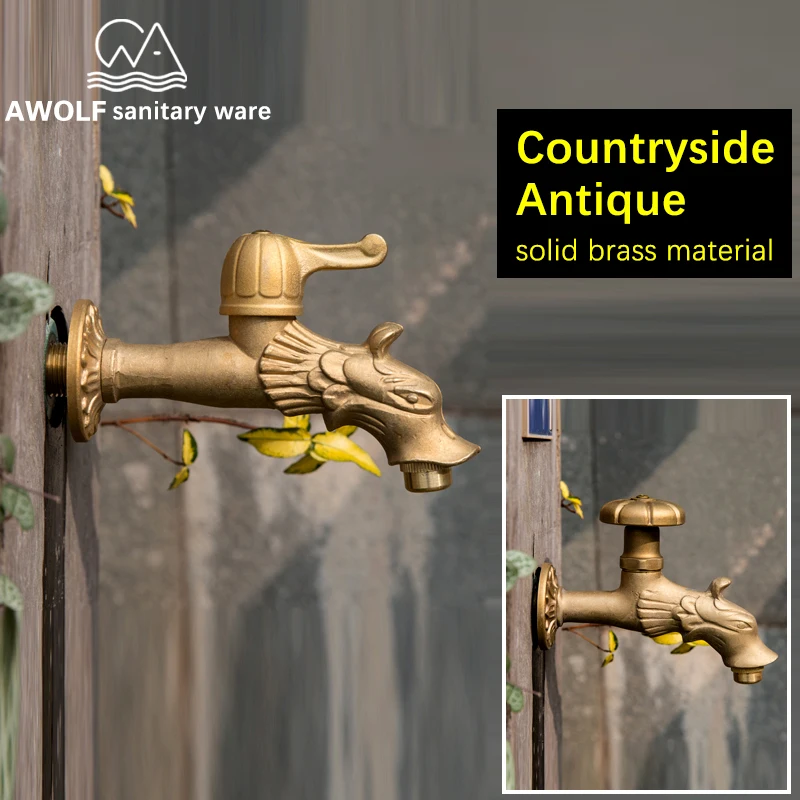 

Outdoor Garden Faucet Lengthen Mop Pool Tap Antique Countryside Dragon Shape Art Cold Water Wall Mounted Washer Faucet AF6143