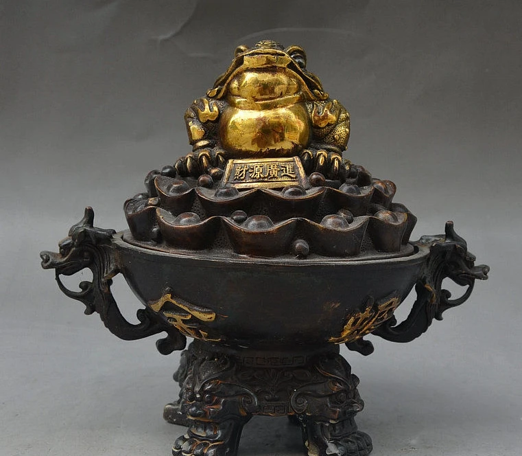 

8" China Bronze Gilt Auspicious Wealth Money Toad YuanBao Dragon Incense Burner