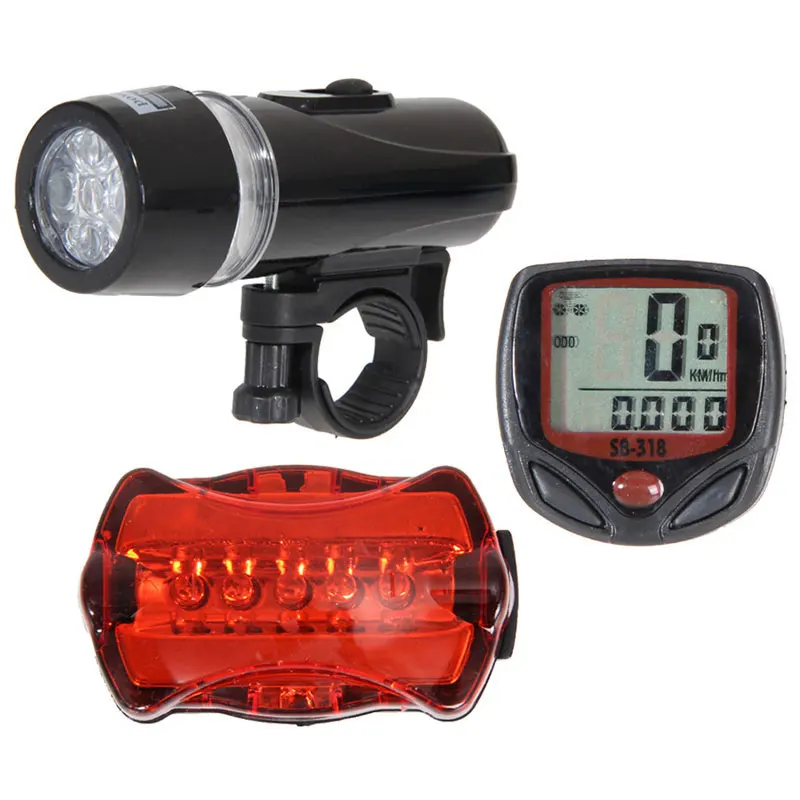 Bicycle Speedometer and 5 LED Mountain Bike Cycling Light Head and Rear Lamp Light Super Bicycle Accessories Set