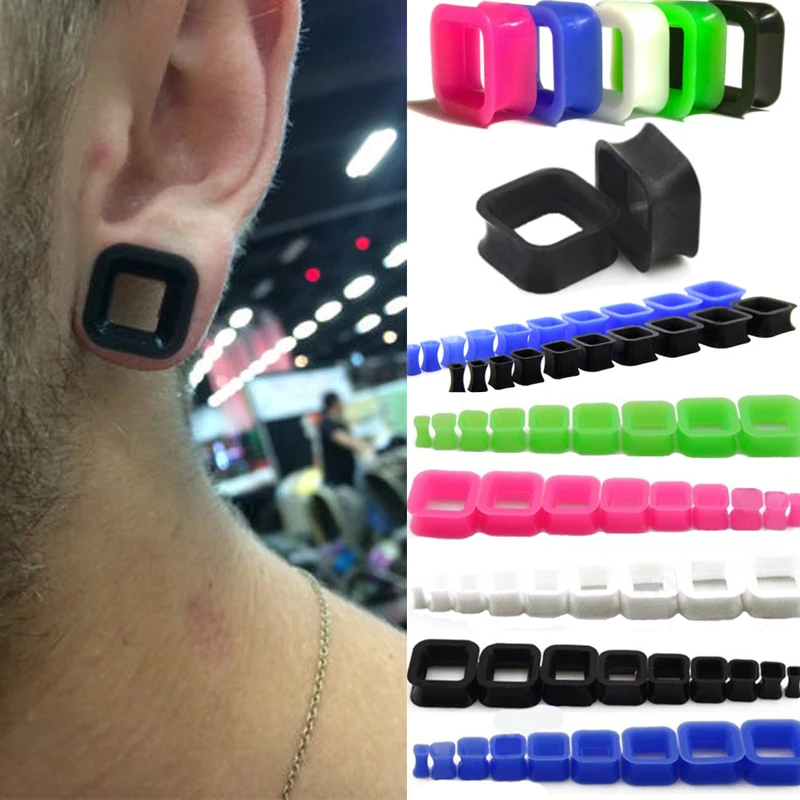 2 Pcs Silicone Square Hollow Ear Tunnel Plugs Flexible Soft Big Gauges Flesh Piercing Ear Reamer