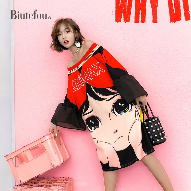 2019 Summer cartoon print dresses flare sleeve fashion slash neck women chic dresses