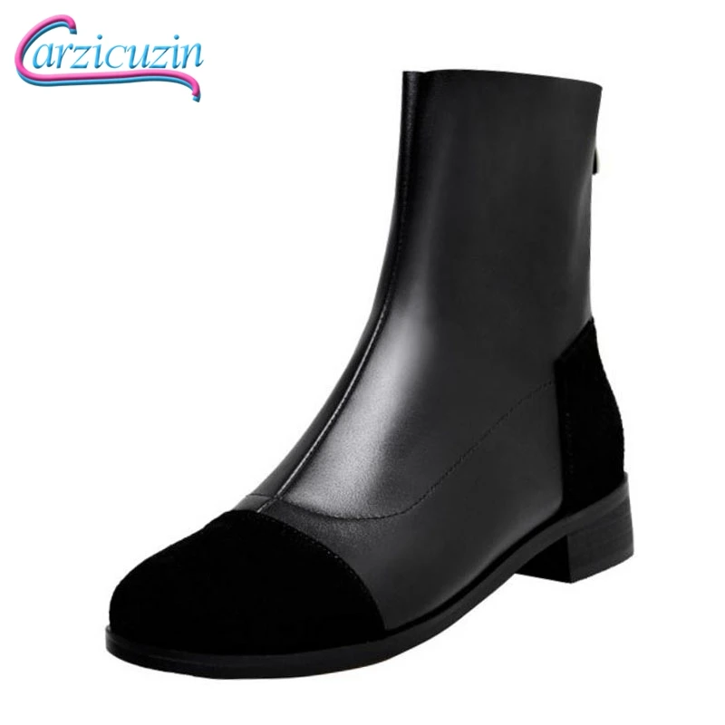 

CarziCuzin New Women Half Short Flats Boots Genuine Leather Winter Shoes Women Designer Zipper Keep Warm Fur Boots Size 34-43