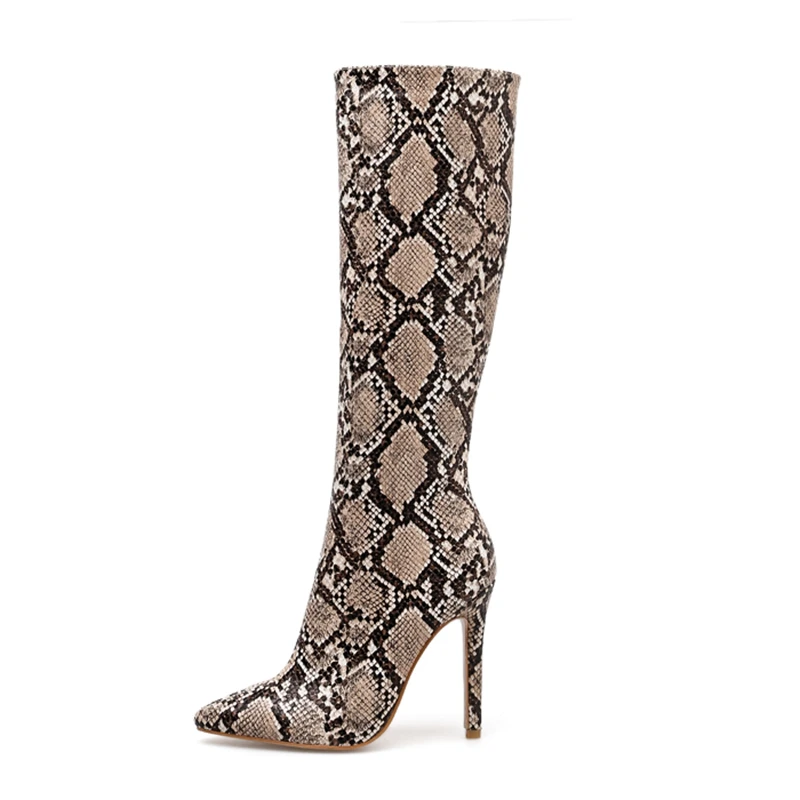 

Women Zipper Boots Snake Print Knee-High Boots Super High Fashion Pointed toe Ladies Sexy shoes 2019 New Chelsea Boots