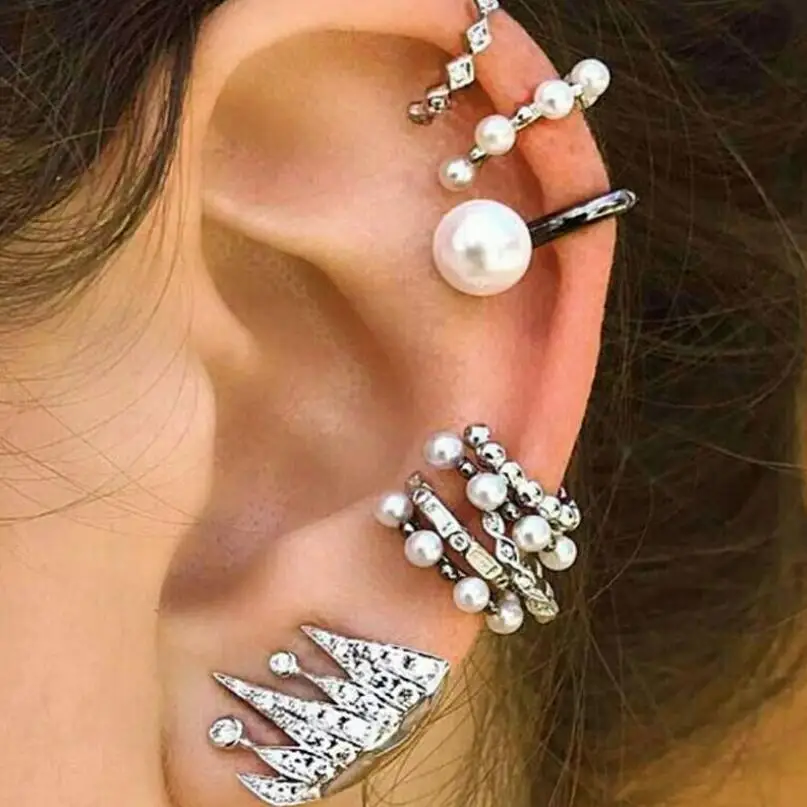 

Vintage Boho Ear Cuff Brincos Simulated Pearl Ear Clip Earring Set Women Statement Bohemia Crystal Ear Cartilage Earring Jewelry