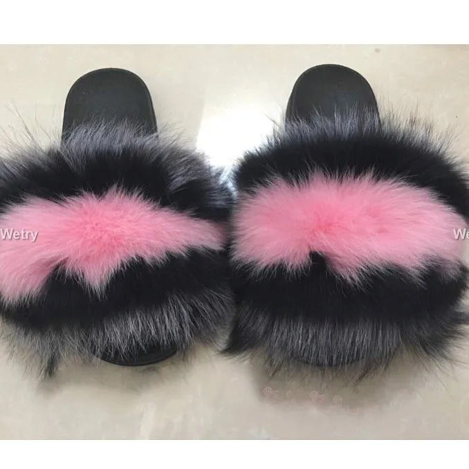 Real Fox Fur Slides Брендовые роскошные меховые тапочки; женские шлепанцы с натуральным лисьим мехом; домашние меховые плоские сандалии женские милые пушистые домашние туфли для женщин - Цвет: Real Fox Fur Slides