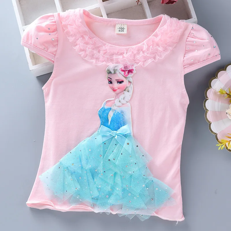 Летняя футболка принцессы для девочек Детские хлопковые футболки с изображением Эльзы и Анны, кружевная футболка детская одежда с 3D алмазной аппликацией на день рождения