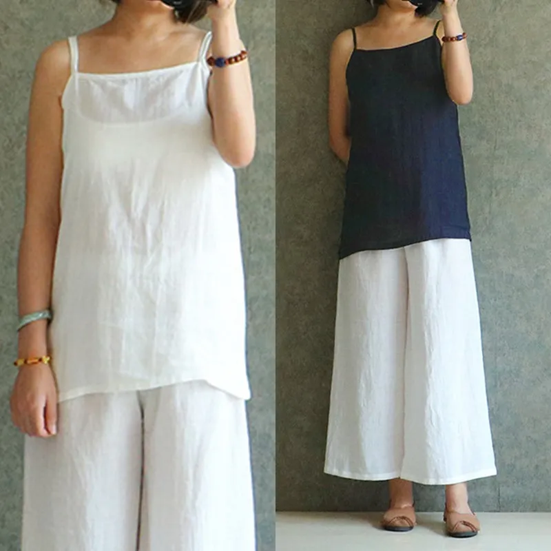 

Celmia Plus Size 2019 Cotton Linen Vests Women Vintage Camis Vest Tops Tees Spaghetti Strap Comfort Solid Casual Feamle Tank Top